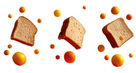 Three bread slices with surrounding floating spheres against a black background