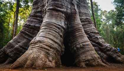 Close up of massive tree trunk in dense forest.