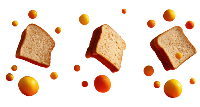Three bread slices with surrounding floating spheres against a black background