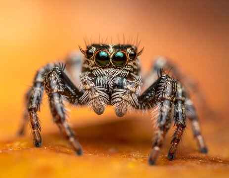 Close-up of a jumping spider, with intricate details on its fuzzy body and big eyes - Powered by Adobe