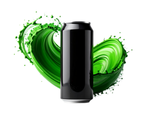 Black Energy Drink Can with Abstract Green Paint Splash Isolated