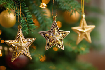 Golden Star Ornaments Hanging on Christmas Tree with Warm Holiday Glow and Sparkle