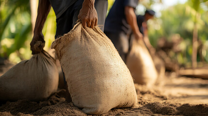 Men laboring in the fields, carrying heavy sacks. The rural workers are moving supplies outdoors, working hard in agriculture. Their labor shows dedication and strength.