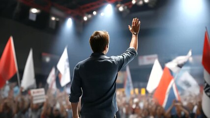 Political rally candidate on stage waving to cheering crowd, banners waving, energetic vibe, urban setting, photorealistic, spied by a news photo artist, spotlights and flashes, d