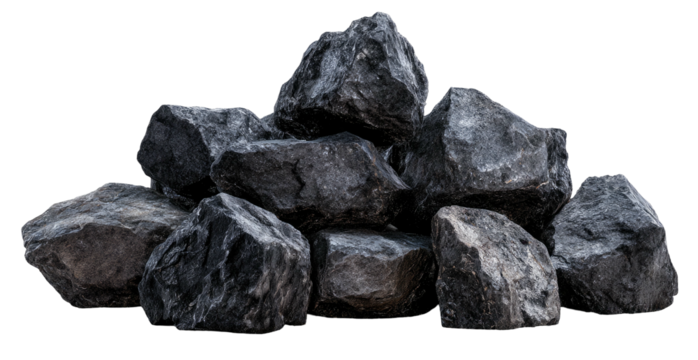 A pile of irregularly shaped, dark grey stones with varied textures and sharp edges