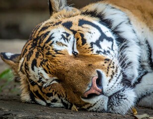 Close-up of a tiger resting, with orange and black stripes on its face and fur