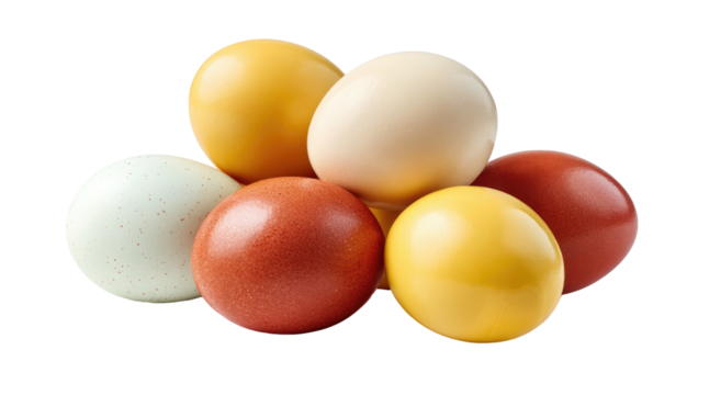 Pile of fresh, multi-colored eggs, showcasing different shell hues, set against a black backdrop