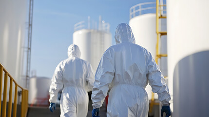 Two workers in protective suits walk towards a series of white storage tanks under a clear sky, ensuring safety and compliance in an industrial environment. #SafetyFirst