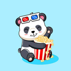 Cute Panda Movie Night with 3D Glasses and Popcorn Bucket Vector Illustration Cartoon Design © Dee Vector