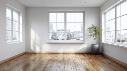 Obraz premium Bright, empty room with wooden floors and city view.