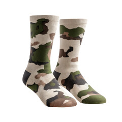 Two socks in a camouflage pattern stand against a black background
