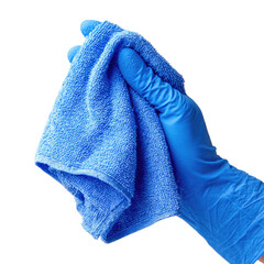 Hand in blue glove, holding a folded blue cloth, set against a black background
