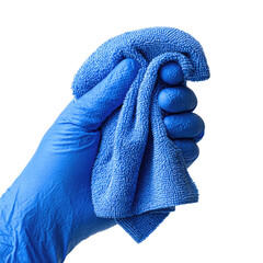 Hand in blue glove firmly grips a soft, light blue cleaning cloth, isolated on black