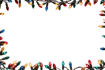 A rectangular frame of colorful, glowing bulbs, arranged on black background, creating a festive border