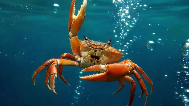 Orange crab gracefully swimming underwater with bubbles rising around it in a clear blue ocean habitat showcasing marine wildlife and the beauty of aquatic ecosystems in a natural setting