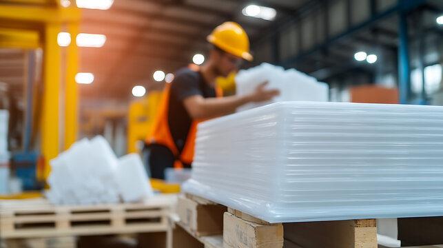 Worker inspecting stacked translucent trays in a factory setting. Safety gear is visible. Industrial process and production are the central themes.