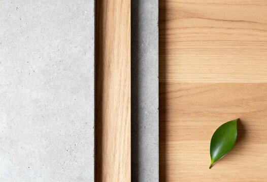 Modern flat lay background with concrete and wood textures. A single green leaf adds a natural accent to the minimalist composition. Interior design and material selection concept