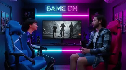 Immersive Gaming Experience - Friends Enjoying Video Games in Neon-Lit Room.