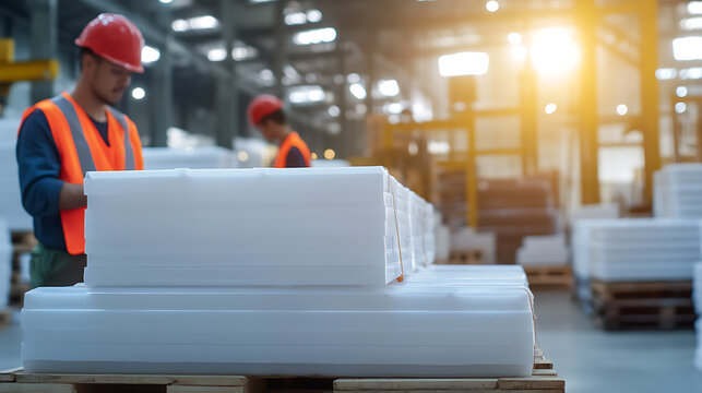 Inside a large factory, two workers in safety gear inspect stacks of white, rectangular materials. The warm lighting enhances the industrial setting, showcasing organized production.
