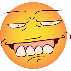 Orange Round Emoticon With a Crazy Grinning Face and Goofy Expression Features Wide Open Mouth with Visible Teeth and Drooping Eyelids Isolated on White Background with Cartoonish Drawing Style