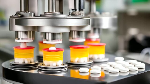 Pill manufacturing press machines stamping tablets, quality check, pharma precision, photorealistic captured by a production line photographer.