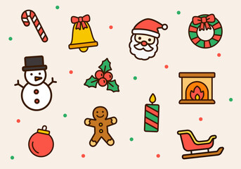 Set of cute Christmas cartoon icons includes Santa Claus, candy cane, holly leaves, gingerbread man, snowman, and many more. Great for children's crafts, planner decoration, or printable sticker sheet