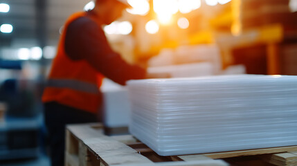 Worker oversees production of clear plastic containers in a bright factory setting. Focus on product quality and efficient manufacturing processes for packaging solutions.