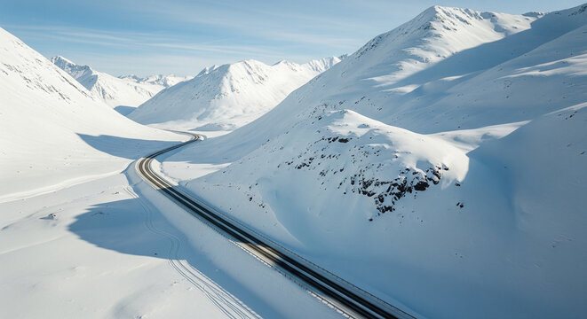 Drone aerial image of snow-covered highway through white mountain peaks in winter