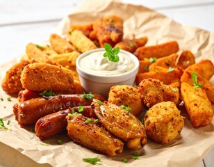 Assortment of fried, savory snacks and dipping sauce on parchment