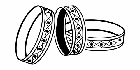 Three decorated bangles with geometric patterns in black and white line art illustration style