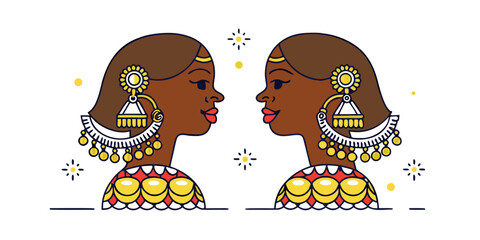 Two stylized women facing each other with elaborate jewelry and decorative elements around them
