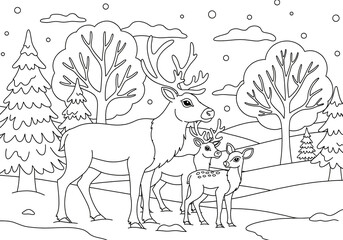Reindeer Family in a Winter Forest