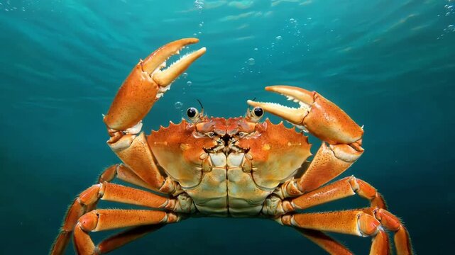 Orange crab with large claws underwater in the ocean with bubbles rising to the surface creating a vibrant marine scene perfect for wildlife enthusiasts and oceanography studies and coastal tourism