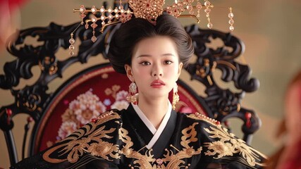 Korean queen in traditional attire, complete with an elaborate headdress and jewelry, maintains a regal pose on a beautifully adorned throne - Powered by Adobe