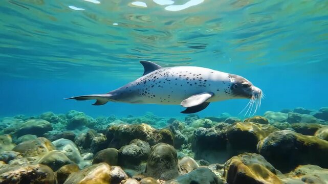 Monk seal swims gracefully in the clear blue ocean water near a vibrant coral reef habitat a captivating underwater scene showcasing marine wildlife and the beauty of the ocean ecosystem