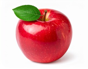 A vibrant single red apple with a bright green leaf attached, a symbol of fresh organic food and a healthy lifestyle, isolated on a pure white background