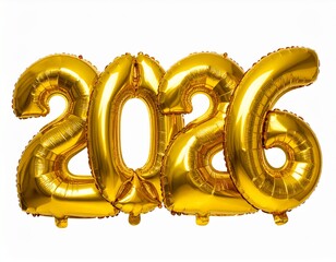 Golden foil balloons in the shape of the year 2026, symbolizing upcoming celebrations and new beginnings, isolated on a white background