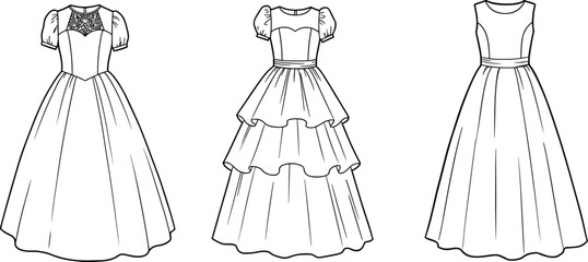 Elegant long evening dresses fashion design, cad drawing flat vector illustration with layered skirts, puff sleeves, and classic style inspiration