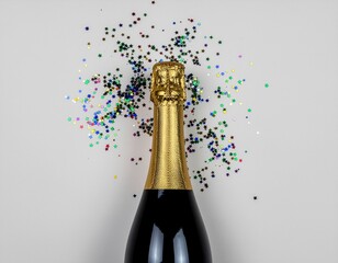 A luxurious bottle of champagne with a golden foil cap, adorned with a scattering of colorful confetti, perfect for celebrations and special occasions