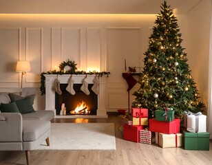 Cozy Christmas Living Room A Festive Scene with Fireplace, Tree, and Presents