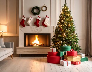 Warm and inviting living room decorated for the Christmas holidays with a lit fireplace and a pile of presents
