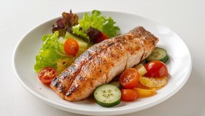 Grilled Delight, Culinary Arrangement on White Plate, Food Presentation, Top View.