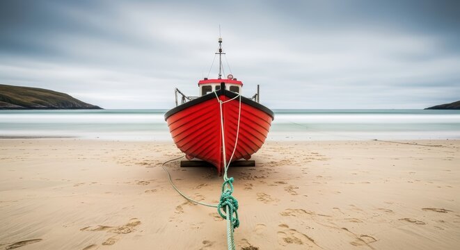Red boat moored on tranquil beach with overcast sky and calm sea