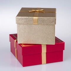 A luxurious stack of festive gift boxes in shimmering gold and rich red, adorned with elegant ribbons, perfect for special occasions and celebrations