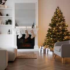 Cozy and Elegantly Decorated Living Room Ready for Christmas Celebrations, Featuring a Brightly Lit Tree, Stockings by the Fireplace, and Modern Furniture