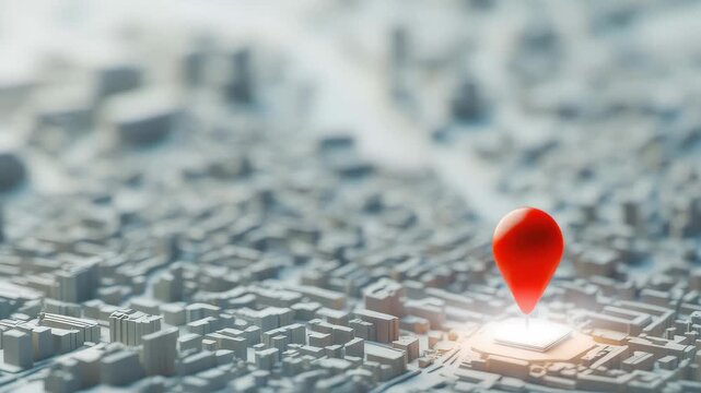 A detailed 3D map showcases an urban landscape, with a prominent red location marker pinpointing a specific area. The layout includes buildings and streets.