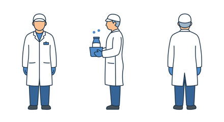 A simple flat vector of three milk processing plant workers. full body front view, full body side view, and full body back view.