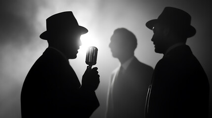 Monochrome image of a jazz singer at a microphone, silhouetted against a smoky backdrop. His bandmates are slightly visible behind him, creating an intimate scene.