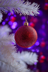 Red Glitter Christmas Ornament Hangs From White Pine Branch With Purple And Blue Lights