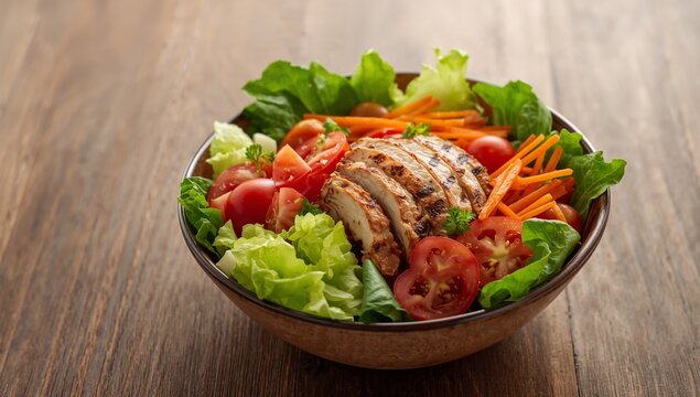 Grilled Sliced Poultry Salad, Fresh Greens, Tomatoes, and Orange Vegetable Strips.